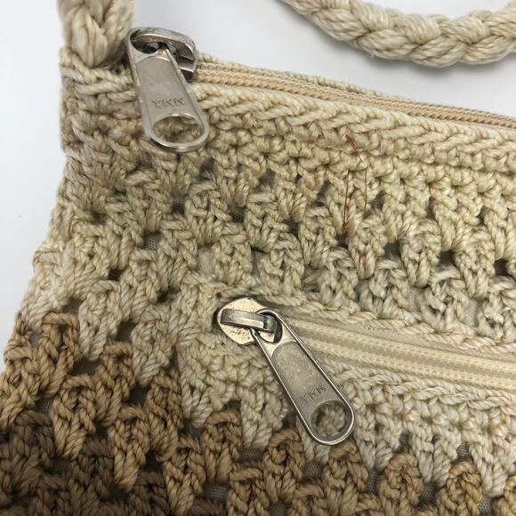 Lina Crocheted Knit Handbag Purse Shoulder Cream Beige Brown Braided Handle - Picture 4 of 10